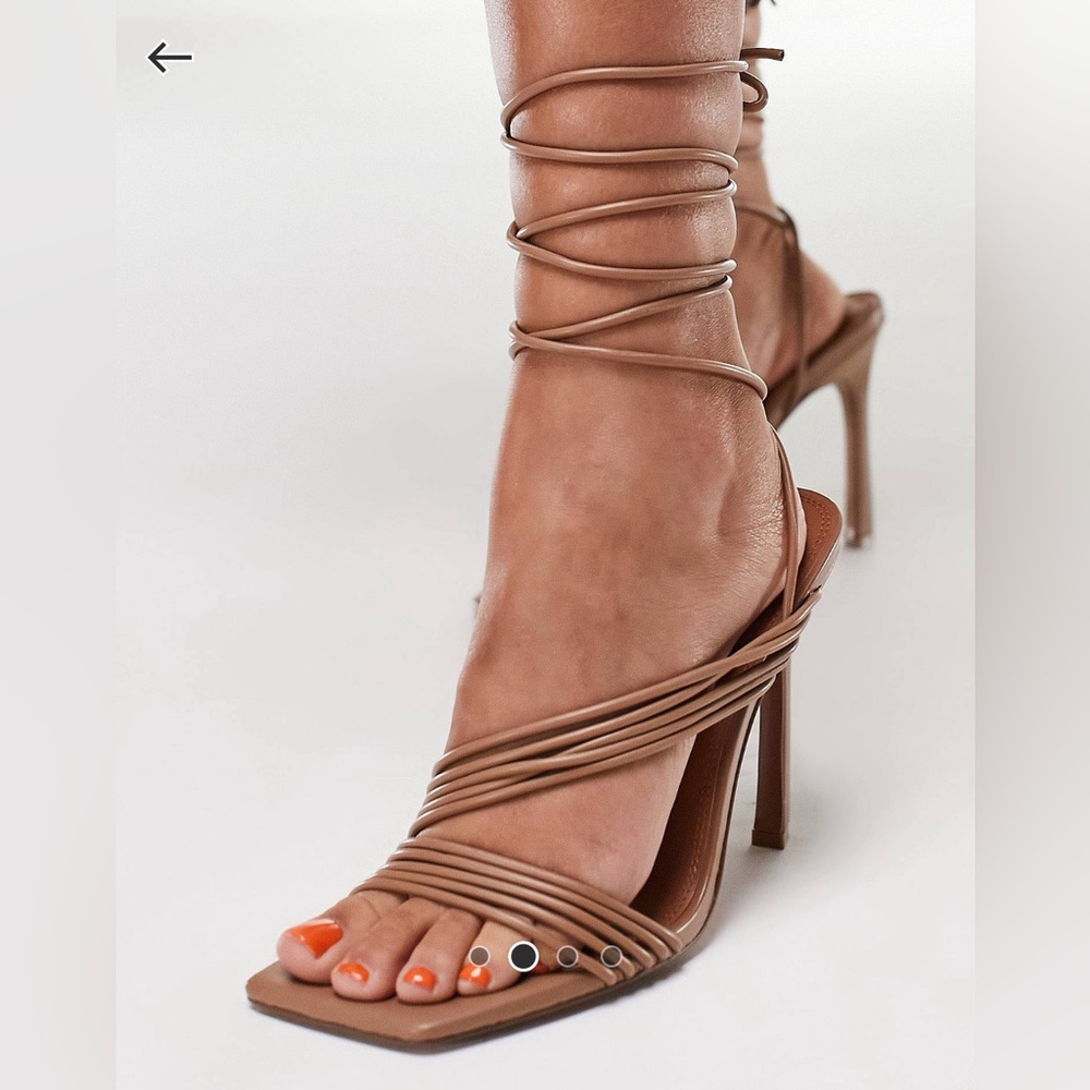 ASOS DESIGN Nest strappy tie leg heeled sandals in beige